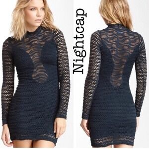 Y2K Dress 2 Crochet Lace Long Sleeve Mini Dress Bodycon Sheer Club Witchy
